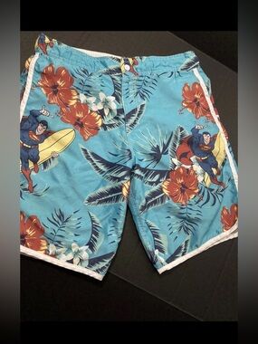 DC Comics Turquoise Tropical Men's Swim Shorts with Superman Motif